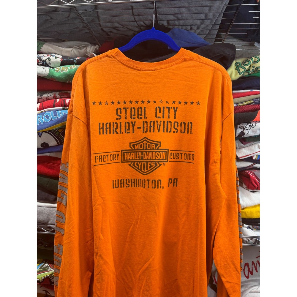 Harley-Davidson Steel City Washington PA Orange Long Sleeve Shirt Mens XL 24x31 - Picture 8 of 10